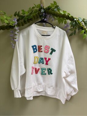 JUDITH MARCH Best Day Ever Crewneck Sequined Glamor Preppy Art Teacher